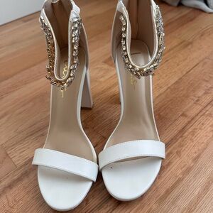 Lulu's White Jeweled Ankle-Strap High Heels worn once